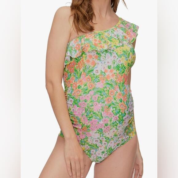 Motherhood Maternity Women's Beach Bump Ruffle-Front One shoulder swimsuit - Picture 1 of 9